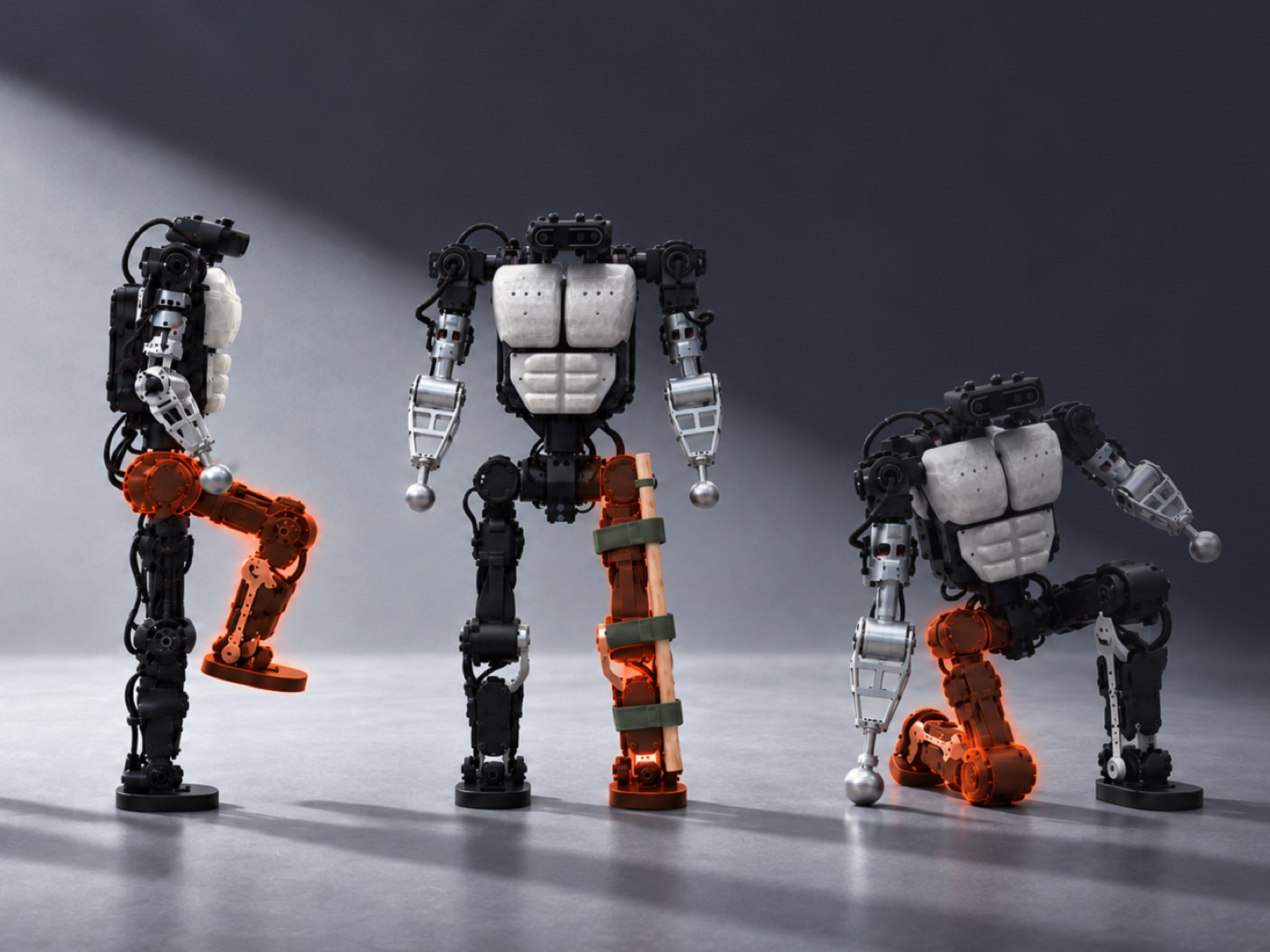 Light REACT humanoids adapting their posture and movement to leg damage and joint restraints